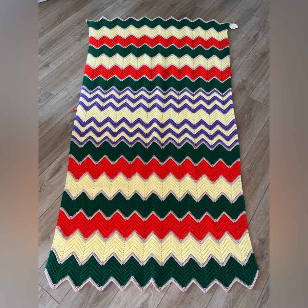 Vtg Retro Chevron Knitted Afghan Blanket Orange Green Yellow Sofa Throw 78x38"
